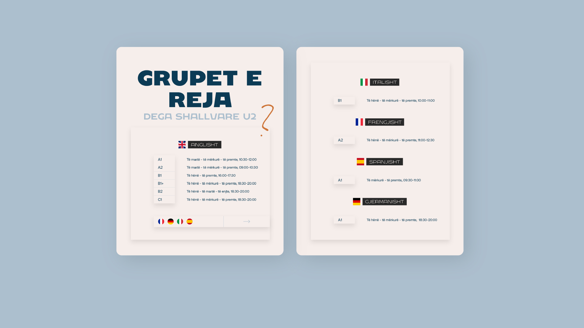 Timetable for each group in relation to course language for a 'Universi' Location.